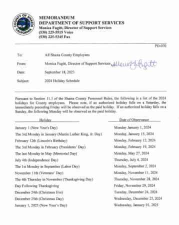 Shasta County Holiday Schedule -- 2024