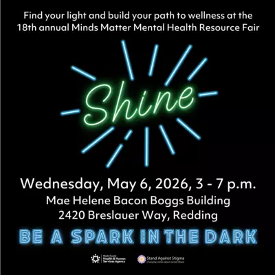 Shine! in neon green with neon blue rays. Be a spark in the dark. Minds Matter Mental Health Resource Fair. Event details are in the page text.