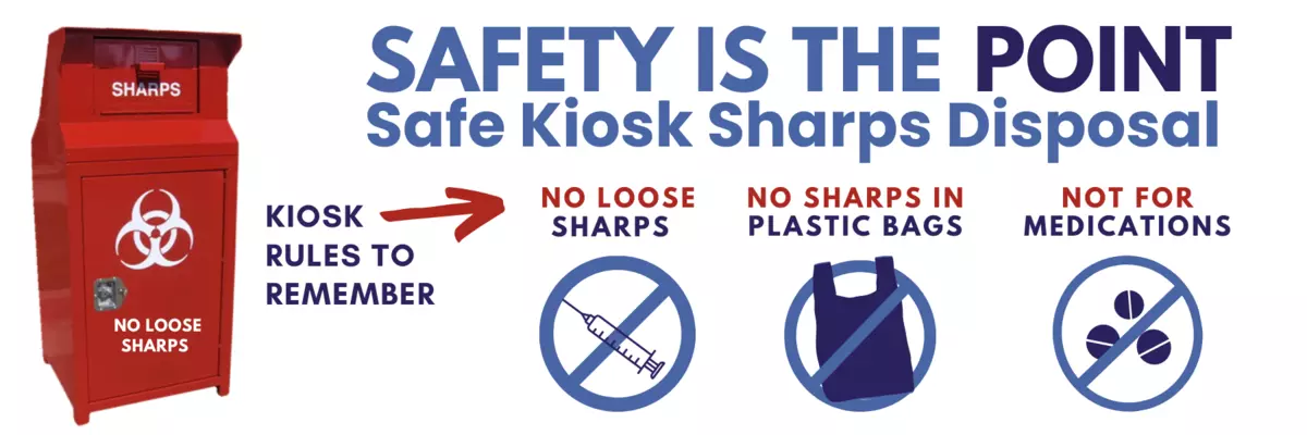 A red, metal sharps disposal kiosk and the words: Safety is the point. Rules to remember no loose sharps, no sharps in plastic bags, not for medications.