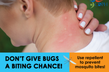 A close up of mosquito bites on a woman's neck. The bites create raised bumps on the skin with a pink rash surrounding each one. The words read: "Don't give bugs a biting chance. Use repellant to prevent mosquito bites."