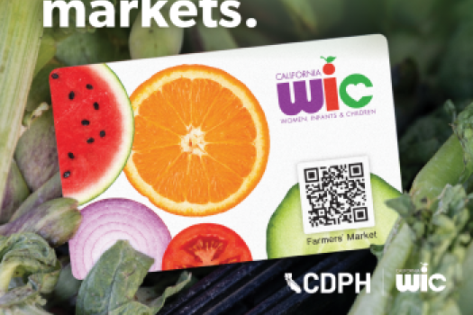 Picture of the WIC card with a QR code that is for farmers' markets and the words, "Use your WIC Card at farmers' markets."